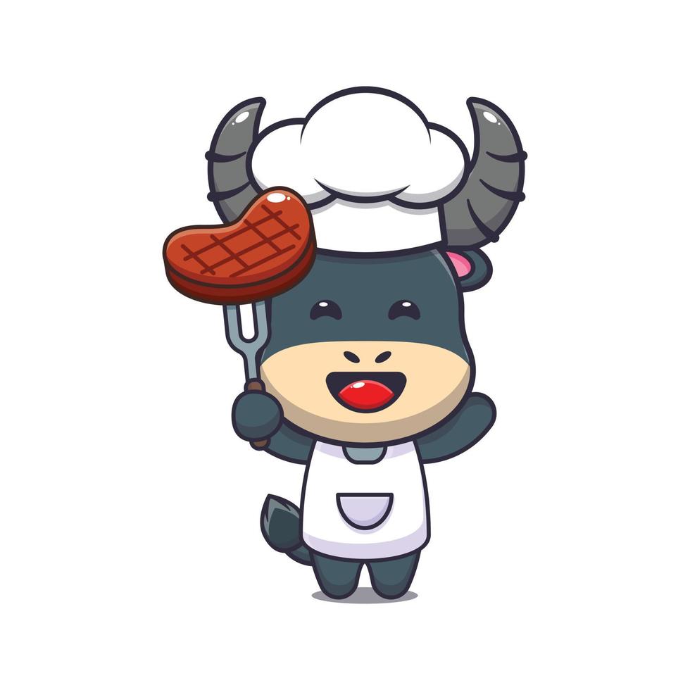 personnage de dessin animé de mascotte de chef de buffle mignon avec steak de boeuf vecteur