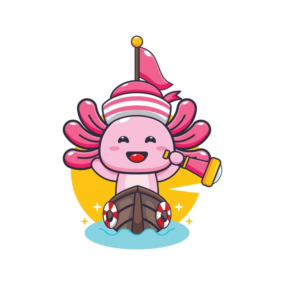 personnage de dessin animé mignon axolotl mascotte sur le bateau vecteur