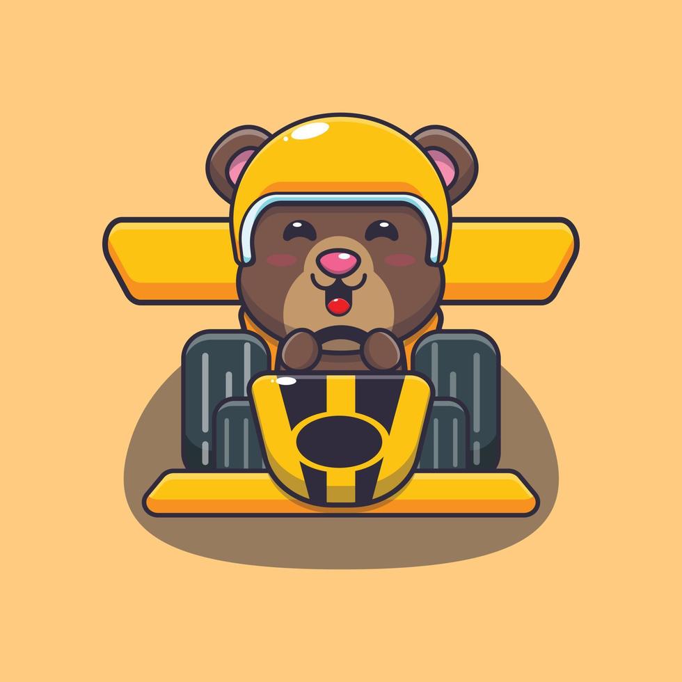 personnage de dessin animé mascotte ours mignon équitation voiture de course vecteur