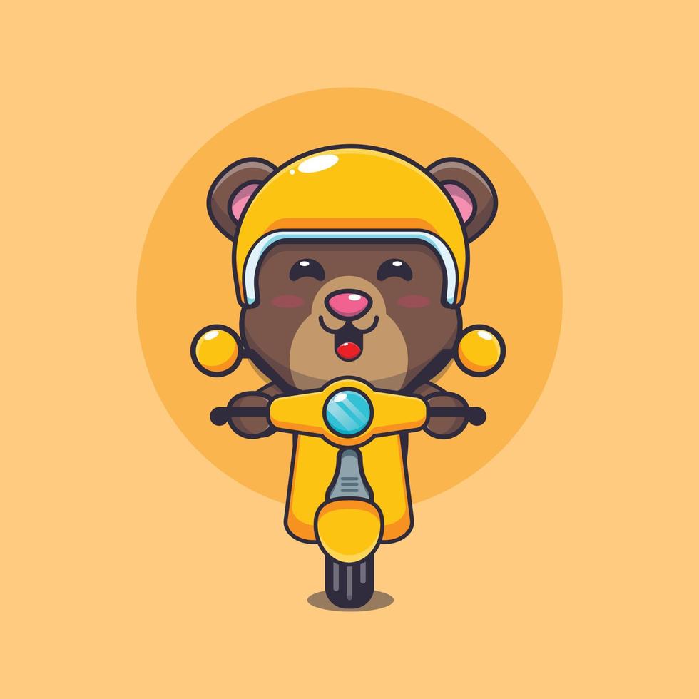 personnage de dessin animé de mascotte d'ours mignon en scooter vecteur