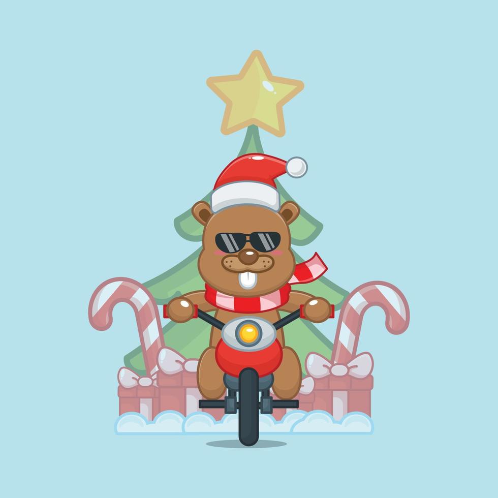 castor mignon transportant un cadeau de noël avec une moto. illustration de dessin animé de noël mignon. vecteur