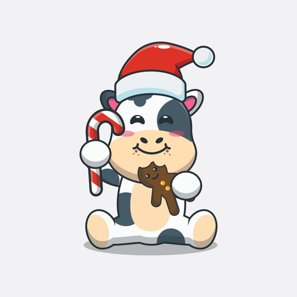 vache mignonne mangeant des biscuits et des bonbons de noël. illustration de dessin animé de noël mignon. vecteur