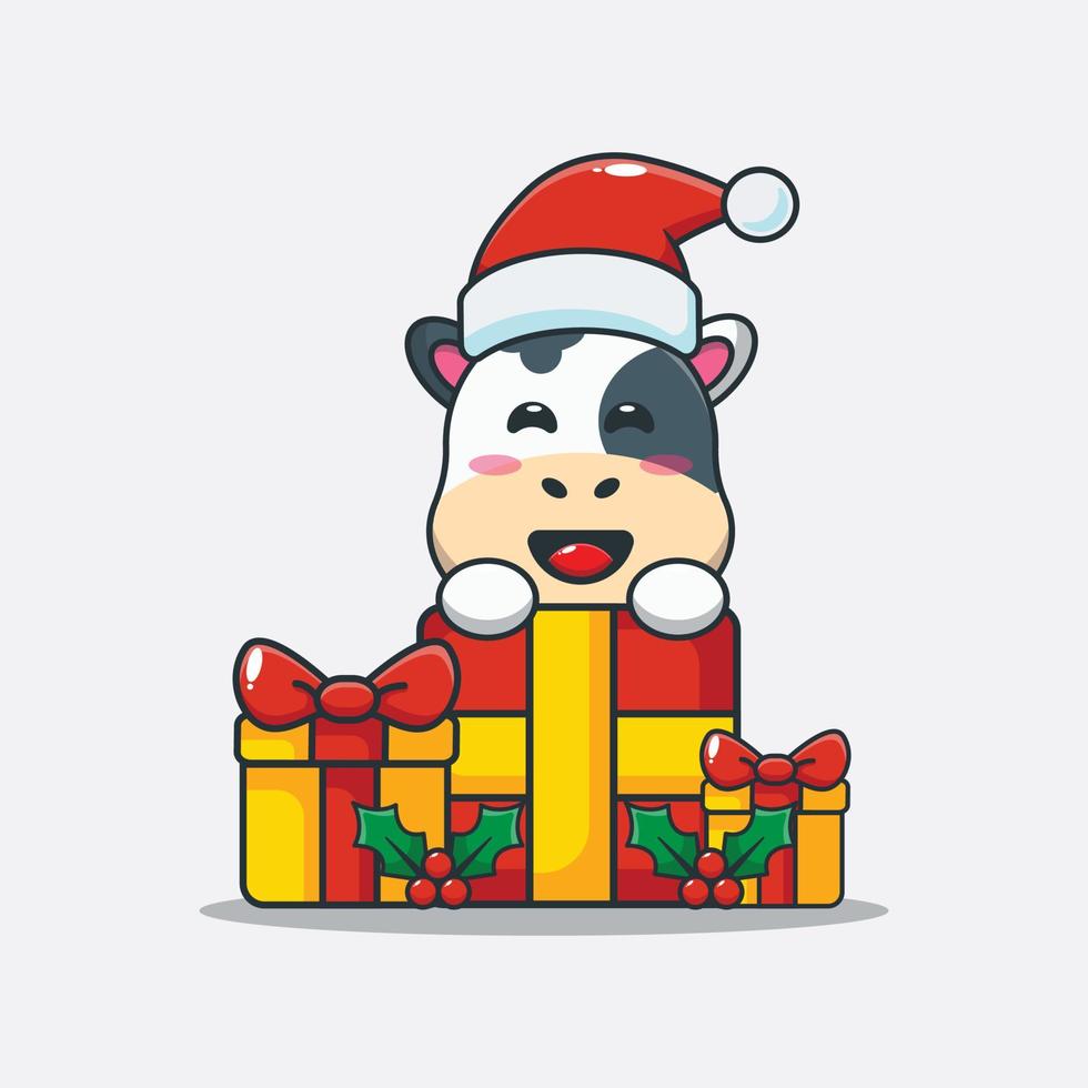 vache mignonne avec cadeau de Noël. illustration de dessin animé de noël mignon. vecteur