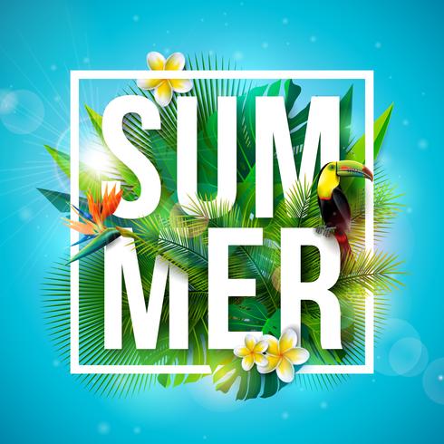 Conception de vacances d&#39;été tropical avec oiseau Toucan et fleur de perroquet sur fond bleu. Illustration vectorielle avec des feuilles de palmier exotiques vecteur