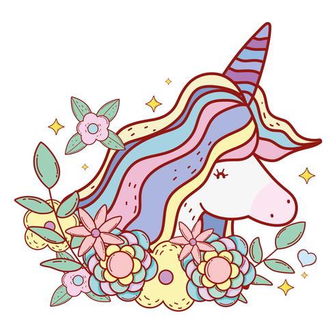 Licorne mignonne avec corne et coiffure avec fleurs et feuilles vecteur