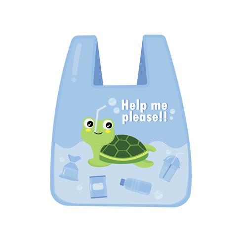 La tortue dans un sac en plastique dit non au plastique. Notion de problème de pollution. vecteur