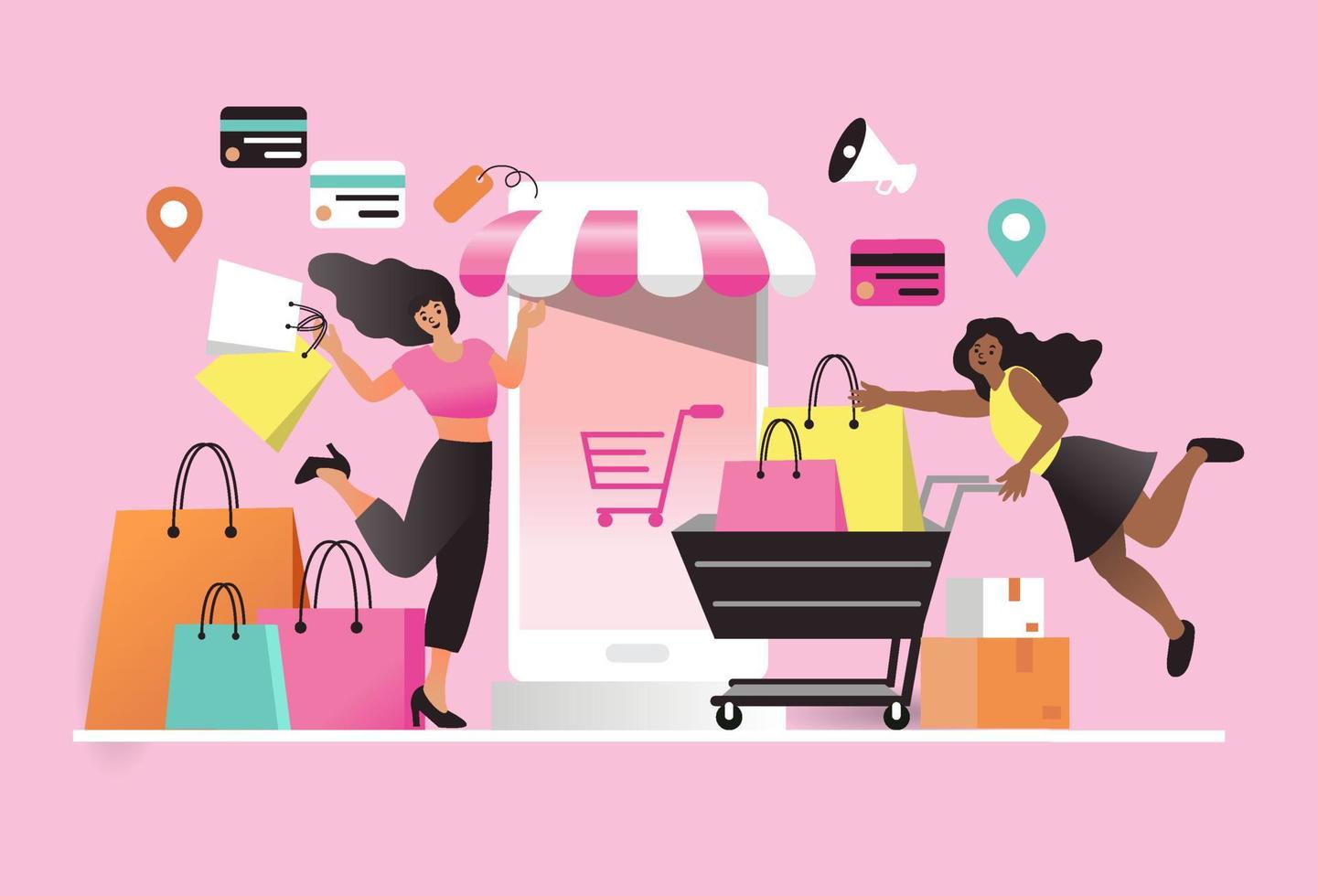 les femmes satisfaites des achats sur mobile paient par carte de crédit. achats en ligne dans une boutique en ligne sur un site Web ou une application mobile. le concept de vecteur aime faire du shopping. conception pour bannière de vente, marketing numérique.