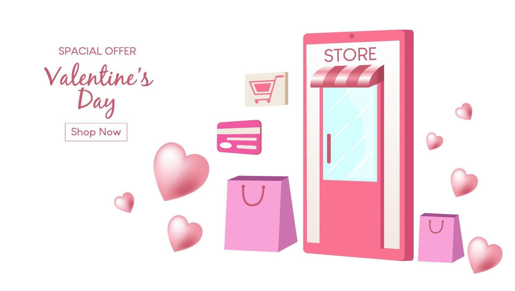 concept d'amour fond rose. magasinez en ligne pour la saint valentin. envoyez des cadeaux spéciaux avec commodité mobile et en toute sécurité. bannière pour la promotion en ligne ou site web.boutique en ligne sur l'application mobile.vecteur vecteur