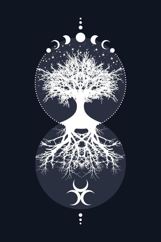 arbre sacré et croissant de lune. triple déesse phases de lune mystiques, arbre de vie, géométrie sacrée. mère terre wicca bannière vieux signe, cercle d'énergie, vecteur de style boho isolé fond vintage bleu