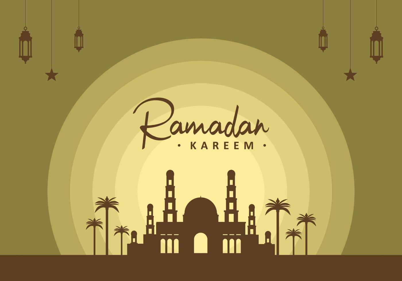 fond de ramadan kareem avec lanterne, étoiles, palmier et grande mosquée. vecteur