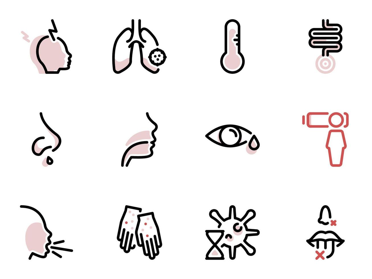 ensemble d'icônes vectorielles noires, isolées sur fond blanc. illustration sur un thème les principaux symptômes des maladies respiratoires vecteur