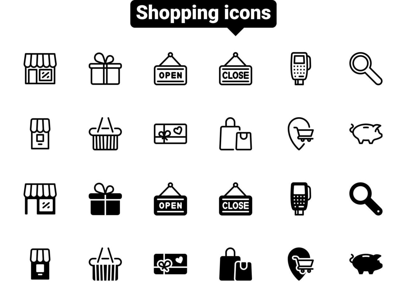 ensemble d'icônes vectorielles noires, isolées sur fond blanc. illustration plate sur un thème shopping pour des biens et des cadeaux vecteur