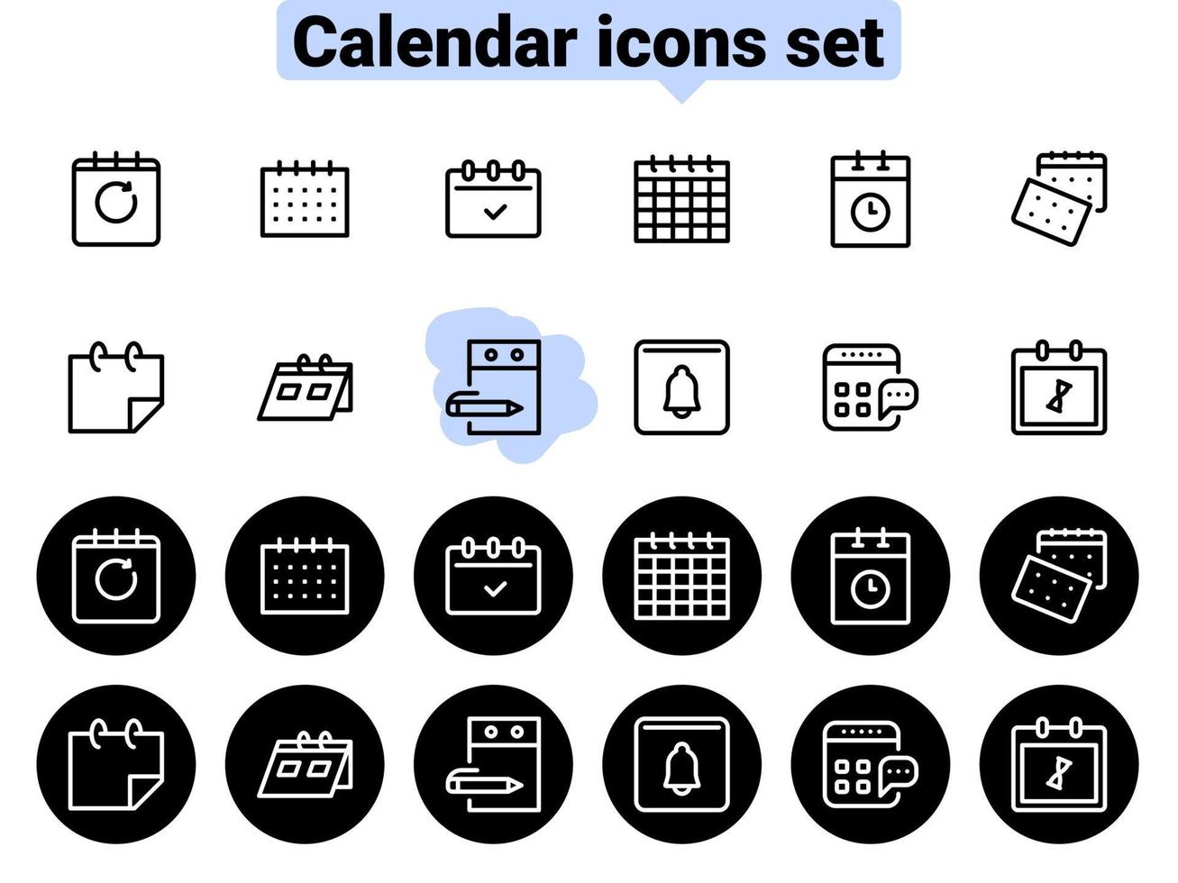 ensemble d'icônes vectorielles noires, isolées sur fond blanc. illustration plate sur un thème différents calendriers. ligne, contour, trait vecteur