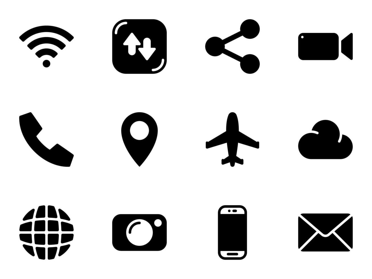 ensemble d'icônes vectorielles noires, isolées sur fond blanc. illustration plate sur un thème icônes web pour ordinateur, téléphone, tablette, ordinateur portable. remplissage, glyphe vecteur