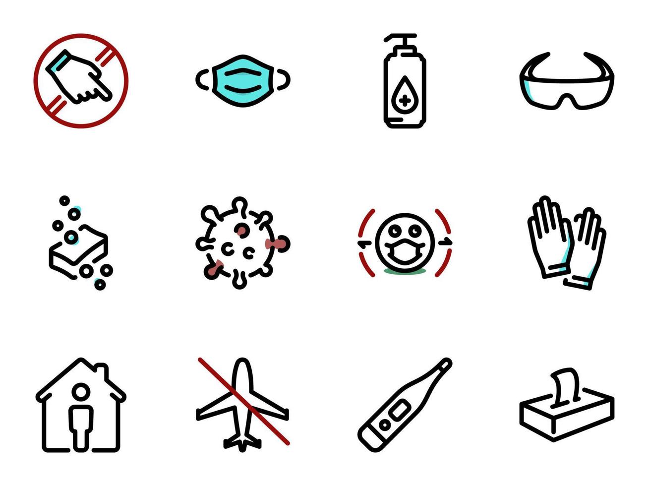 ensemble d'icônes vectorielles noires, isolées sur fond blanc. illustration sur un thème principales solutions préventives et limites lors d'une pandémie vecteur
