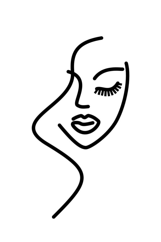 visage de fille - logo minimalisme. visage de femme - dessin au trait fin. icône de salon de beauté. boucles de cheveux, lèvres vecteur