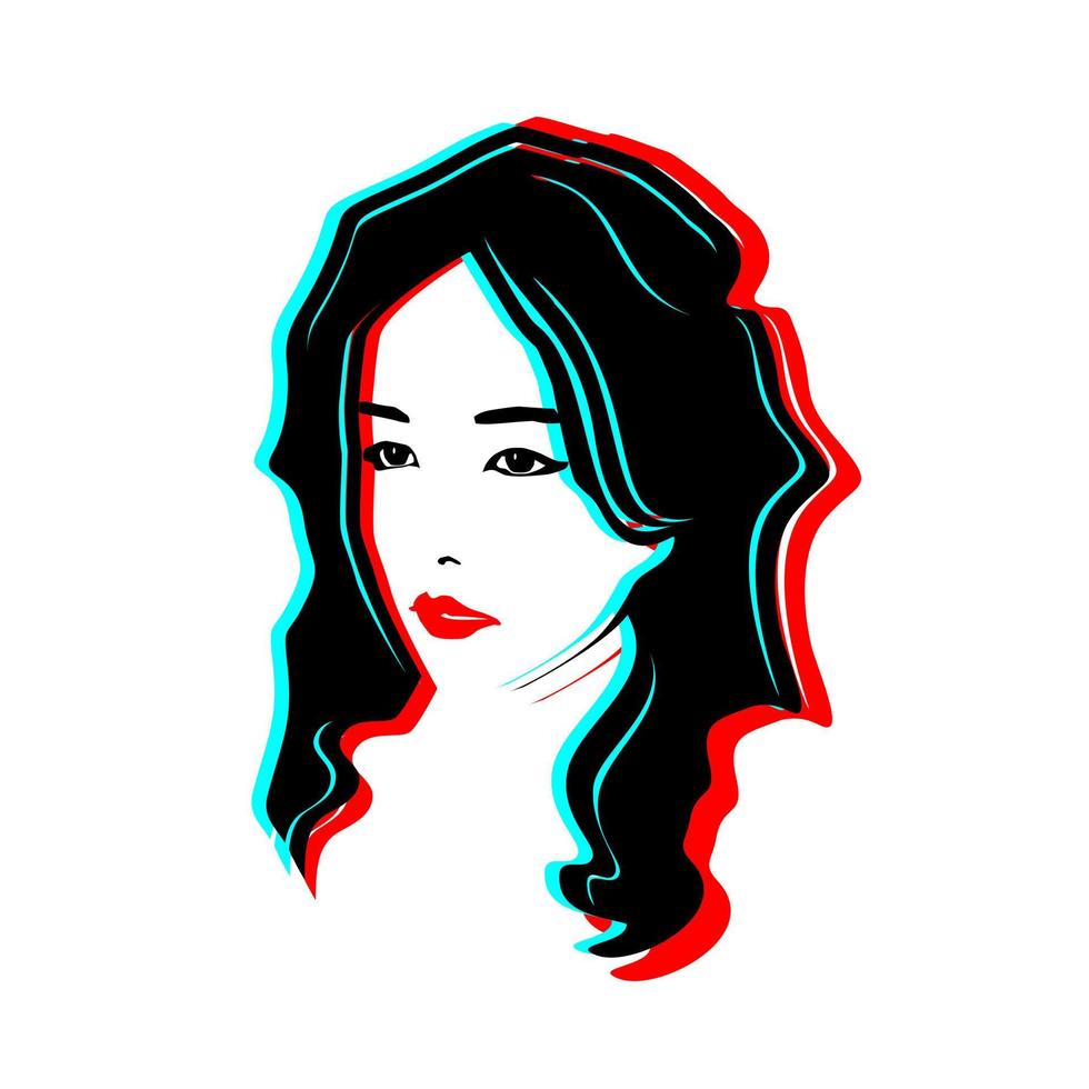 dessin au trait du visage de la jeune fille avec effet de pépin de couleur bleu et rouge. illustration vectorielle vecteur