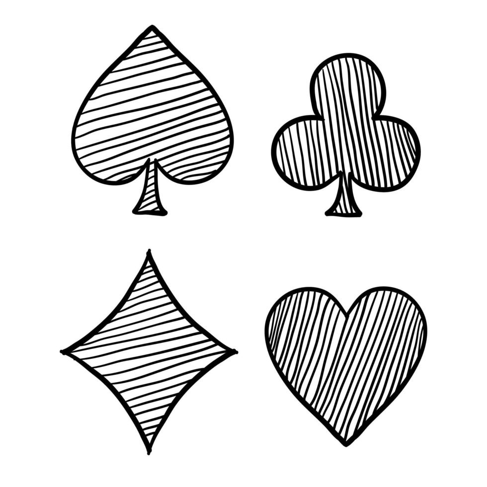 casino de conception de vecteur d'icône de symbole de carte à jouer dessiné à la main avec vecteur de style de dessin animé de doodle