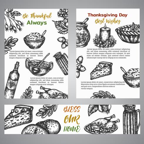 Collection de jour de Thanksgiving broshure d&#39;illustration dessinée à la main avec des éléments de l&#39;automne, nourriture style rétro vintage vecteur