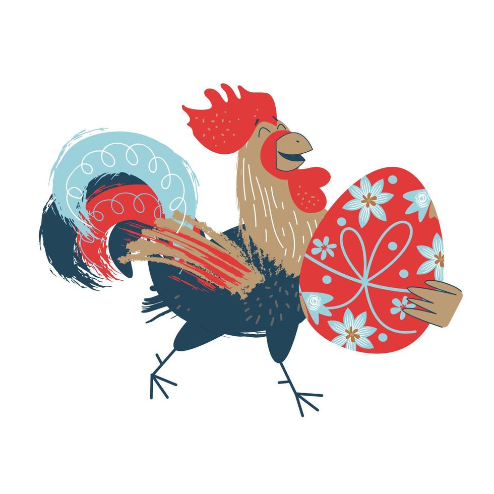 joyeuses Pâques. illustration colorée de pâques félicitations pour pâques. un coq joyeux avec un oeuf de pâques peint. vecteur