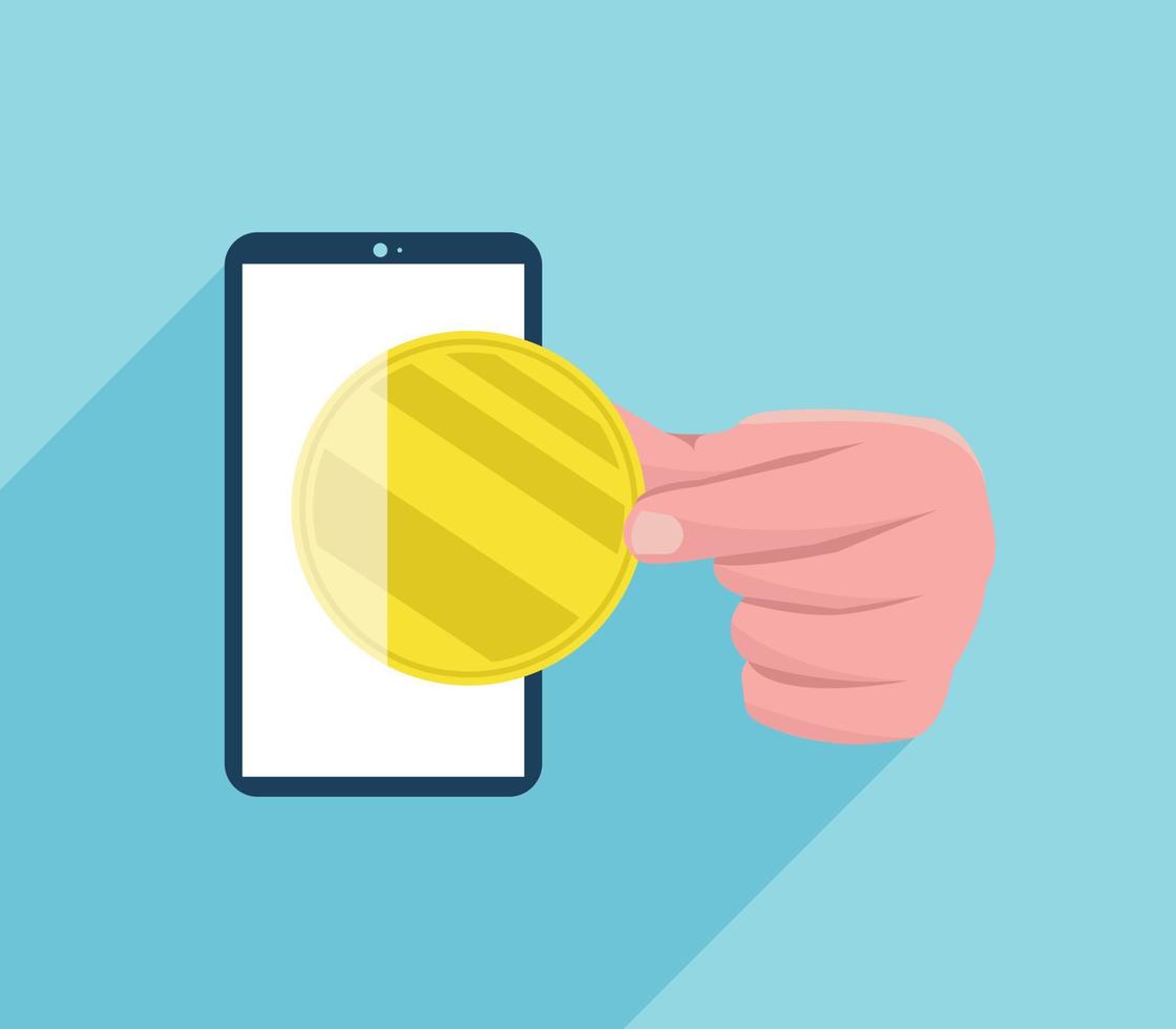 l'argent sort du téléphone. la main humaine prend l'argent à l'intérieur du téléphone. le concept d'applications lucratives, tirelire en ligne, transferts d'argent. vecteur