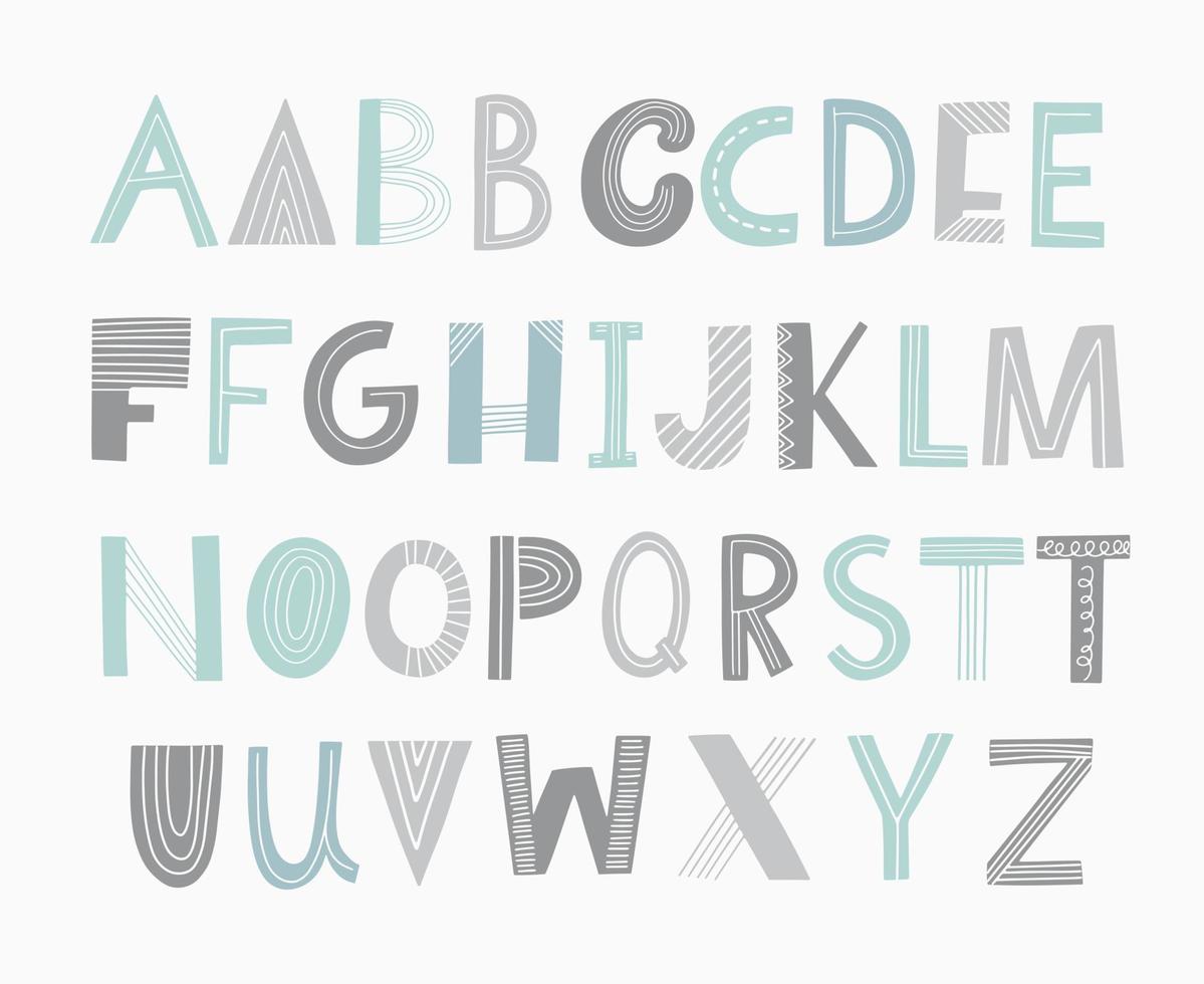 alphabet pour enfants avec des éléments dessinés à la main dans un style scandinave. lettres funky pour affiches, pépinière, police, conception de lettres. illustration vectorielle isolée sur fond. vecteur