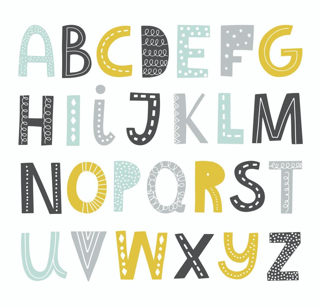 alphabet vectoriel scandinave pour les enfants. lettres graphiques dessinées à la main. police funky pour affiches, pépinière, vêtements. illustration vectorielle isolée sur fond.