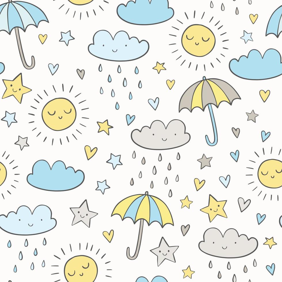 modèle vectoriel dessiné à la main avec des parapluies, des nuages et des gouttes de pluie. douche de bébé doodle arrière-plan transparent.