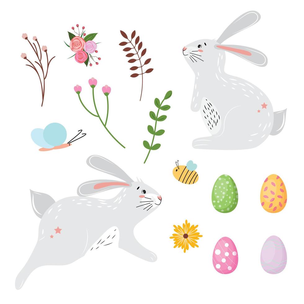 collection d'articles de printemps et de lapins. éléments de conception de pâques mignons. pour tous les projets mignons. illustration vectorielle. vecteur