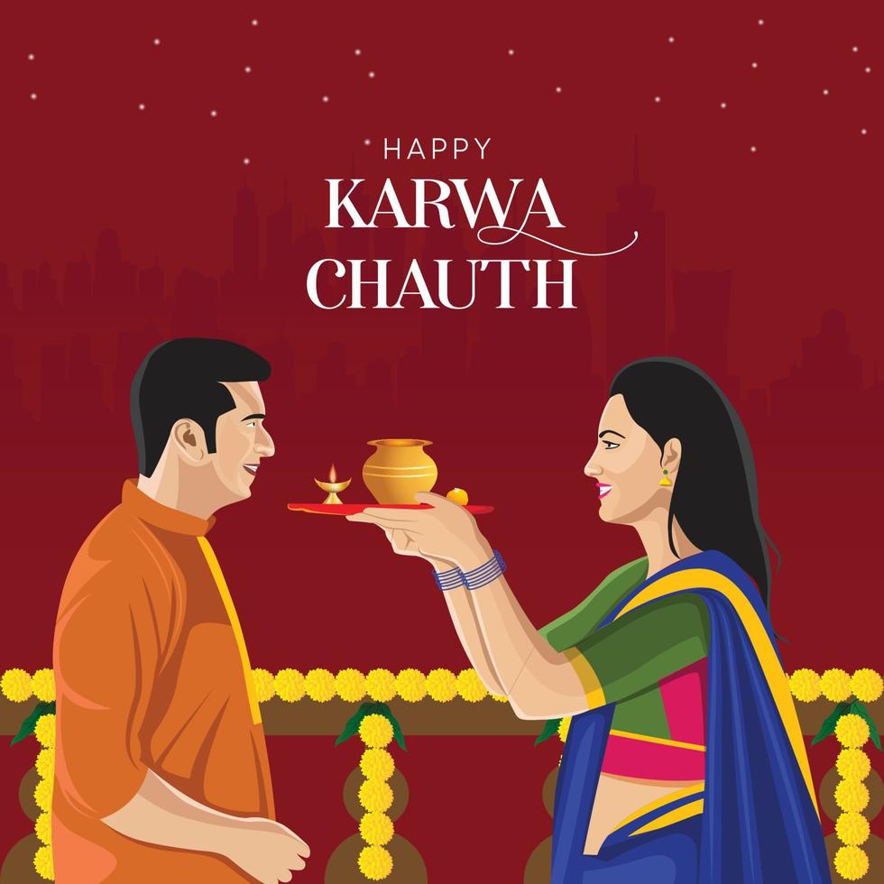 carte de festival happy karwa chauth avec karva chauth est un festival d'une journée célébré par des femmes hindoues de certaines régions de l'inde, vecteur