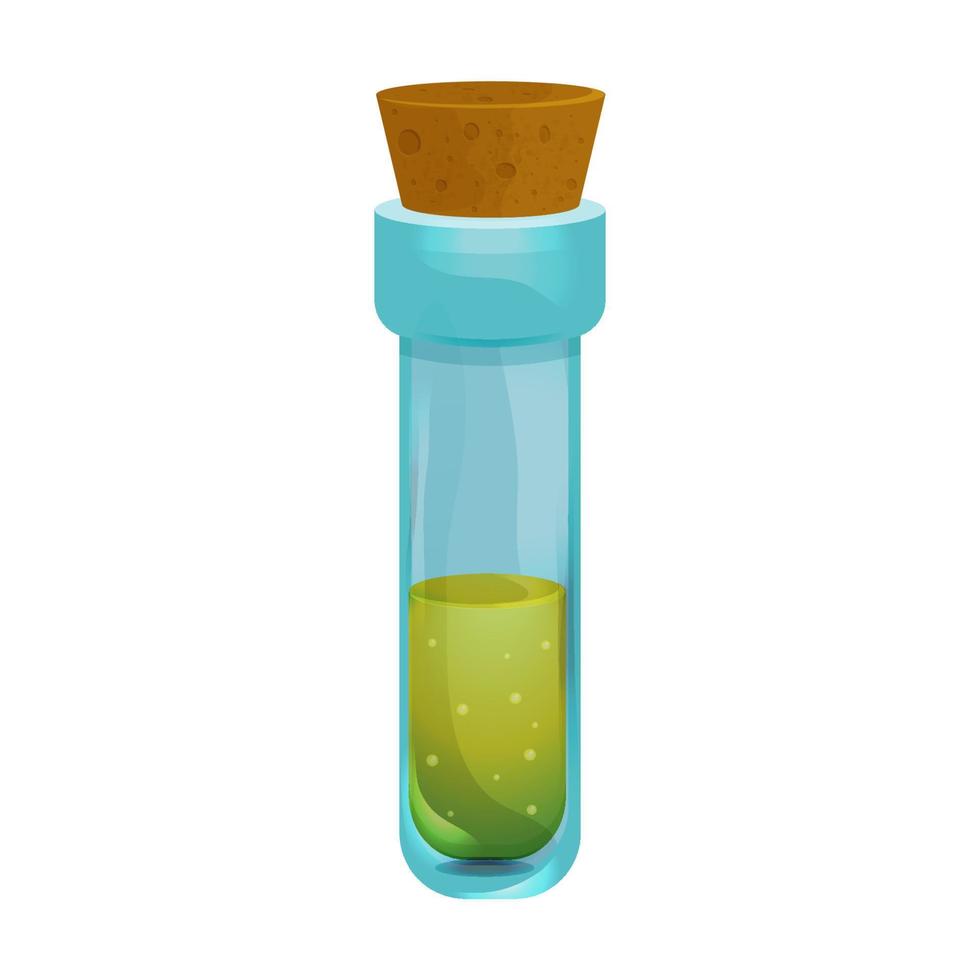 bouteille magique avec icône de jeu de laboratoire d'élixir de potion liquide en style cartoon isolé sur fond blanc. bocal en verre, sorcier fantasmagorique, atout alchimique. illustration vectorielle vecteur