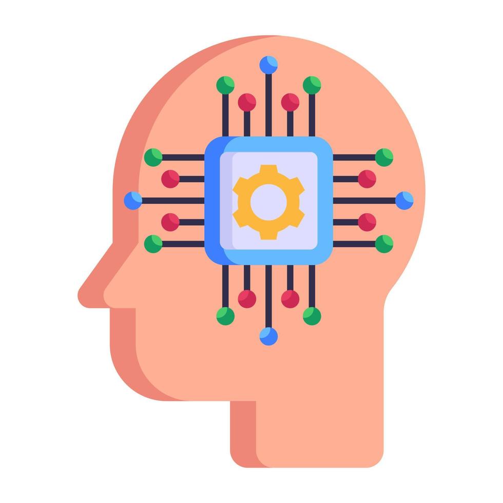 roue dentée à l'intérieur de la tête, icône plate de l'esprit technique vecteur