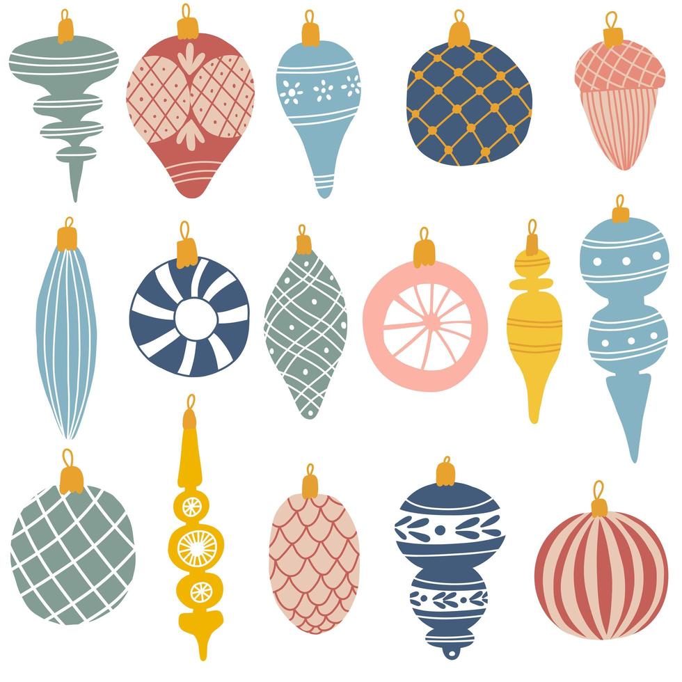 ensemble d'ornements de noël colorés dans un style dessiné à la main. illustration vectorielle de décorations pour le sapin de noël vecteur