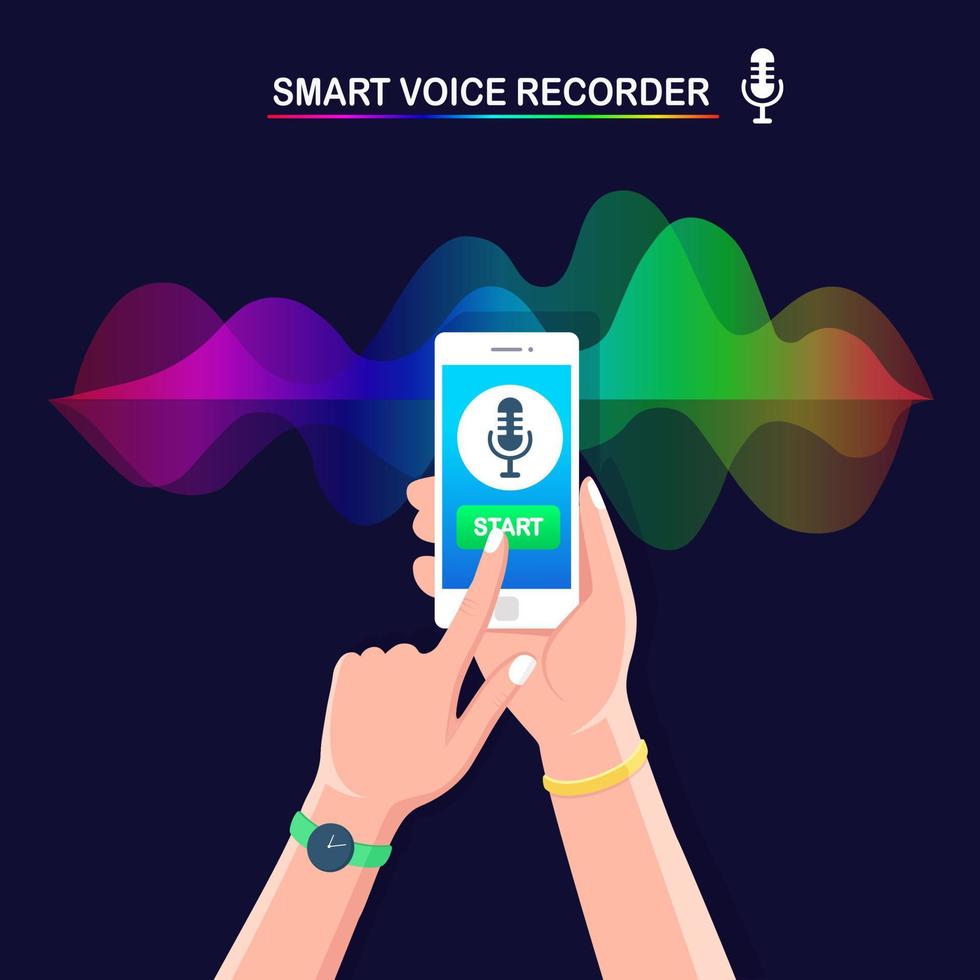 onde de gradient audio sonore de l'égaliseur. téléphone portable avec icône de microphone à l'écran. application de téléphonie mobile pour l'enregistrement radio vocal numérique. fréquence de la musique dans le spectre des couleurs. conception plate de vecteur