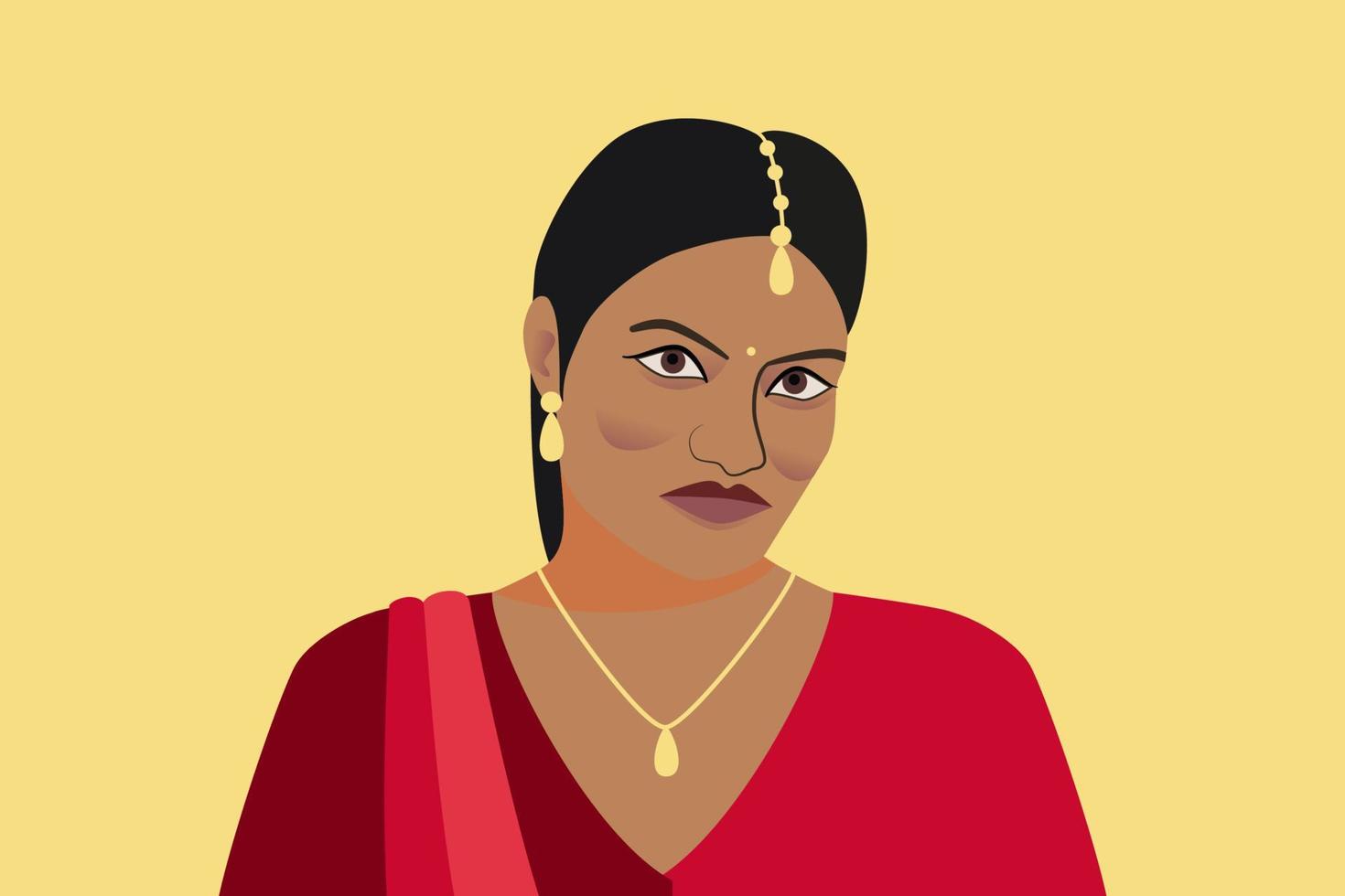 portrait d'une belle femme indienne. une jeune fille hindoue en vêtements traditionnels et avec des bijoux en or. femme en sari rouge et tika, teck dans les cheveux. silhouette isolée sur fond jaune. vecteur