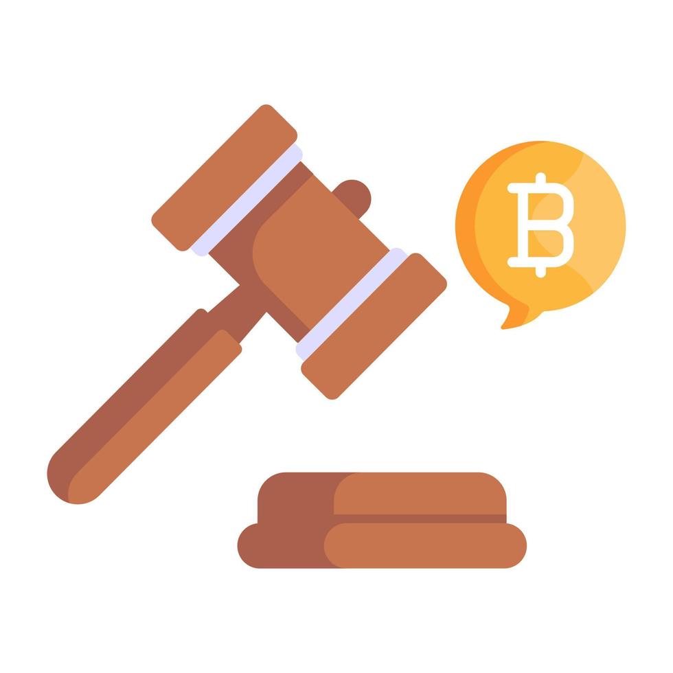 maillet avec bitcoin, icône plate de la loi crypto vecteur
