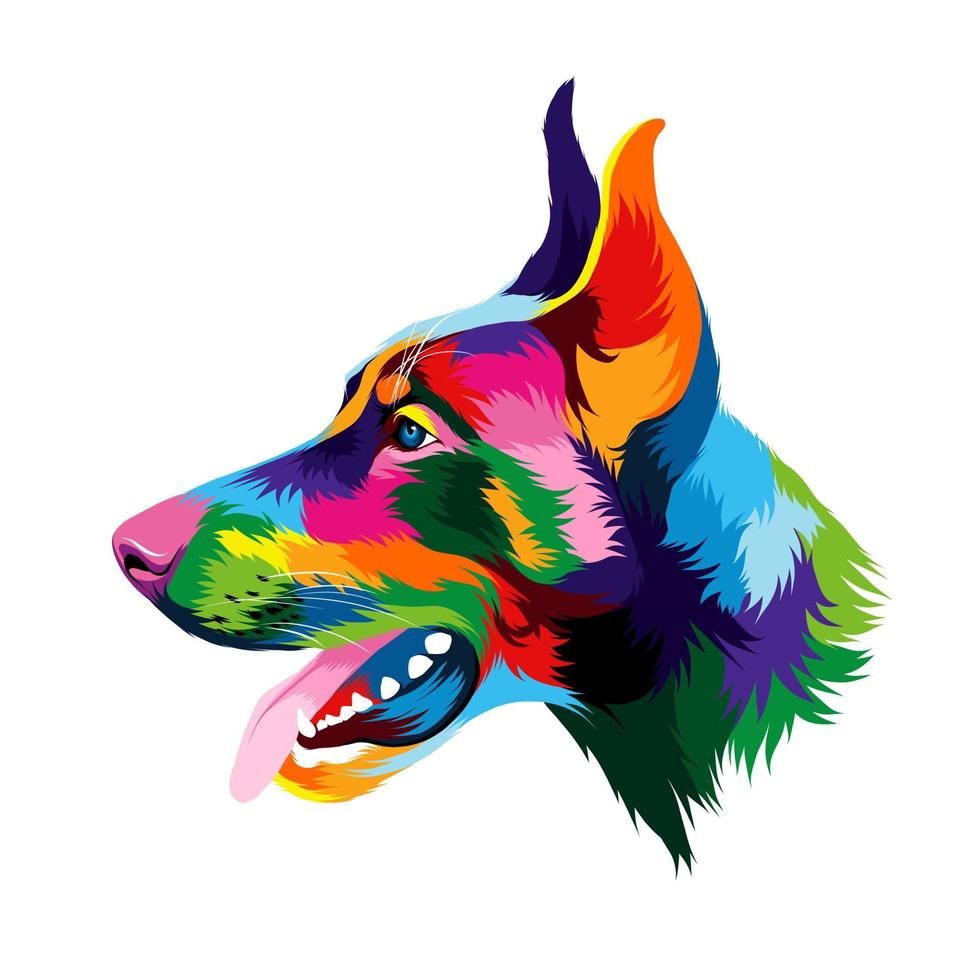 portrait abstrait de tête de doberman à partir de peintures multicolores. dessin coloré. illustration vectorielle de peintures vecteur