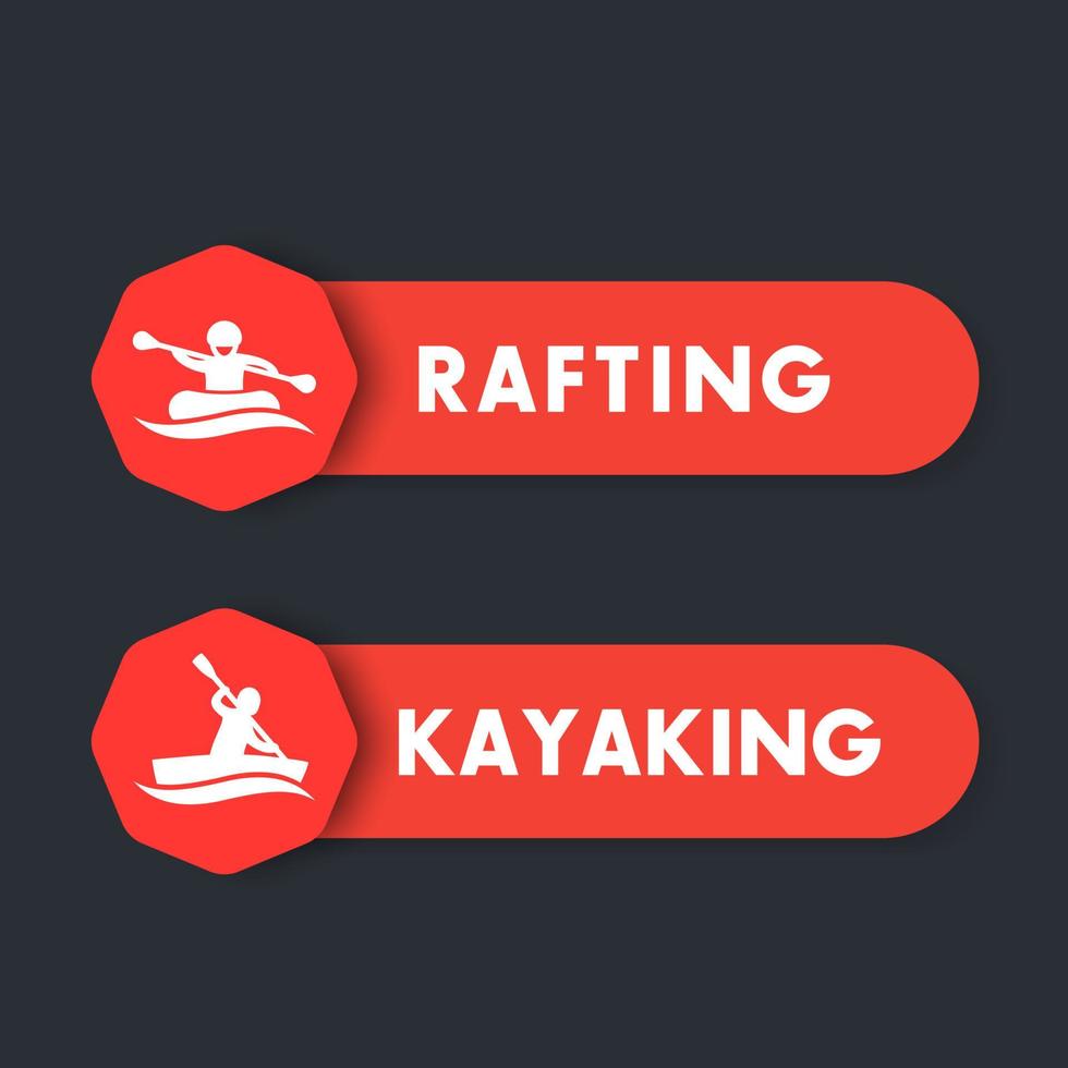 kayak, icônes de rafting, étiquettes, bannières, orange sur gris foncé, illustration vectorielle vecteur
