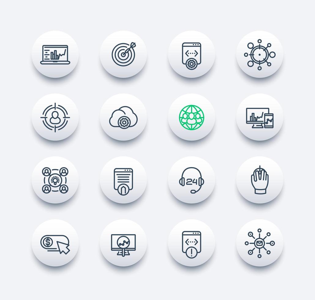ensemble d'icônes de ligne de référencement, optimisation des moteurs de recherche, marketing numérique, analyse de site Web, indexation, illustration vectorielle vecteur