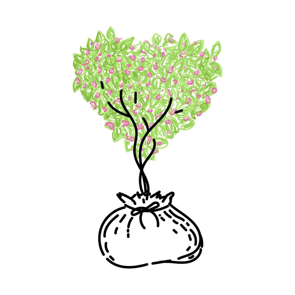 jeune arbre en fleurs, élément de style doodle dessiné à la main. plantation. arbre avec une couronne en forme de coeur. planter de jeunes arbres. travailler dans le jardin. style vectoriel linéaire simple pour les logos, les icônes et les emblèmes.