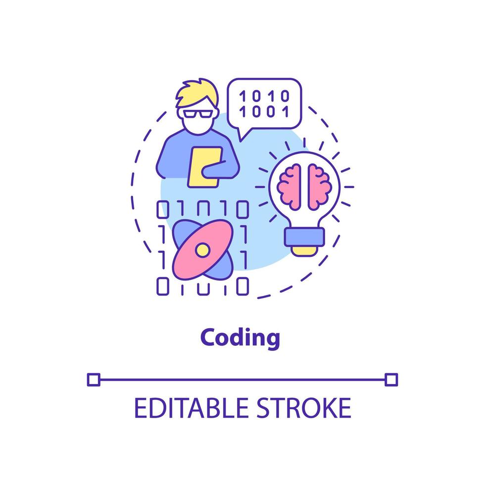 icône de concept de codage. langage de programmation informatique. illustration de fine ligne d'idée abstraite de compétences numériques majeures. dessin de contour isolé. trait modifiable. arial, myriade de polices pro-gras utilisées vecteur