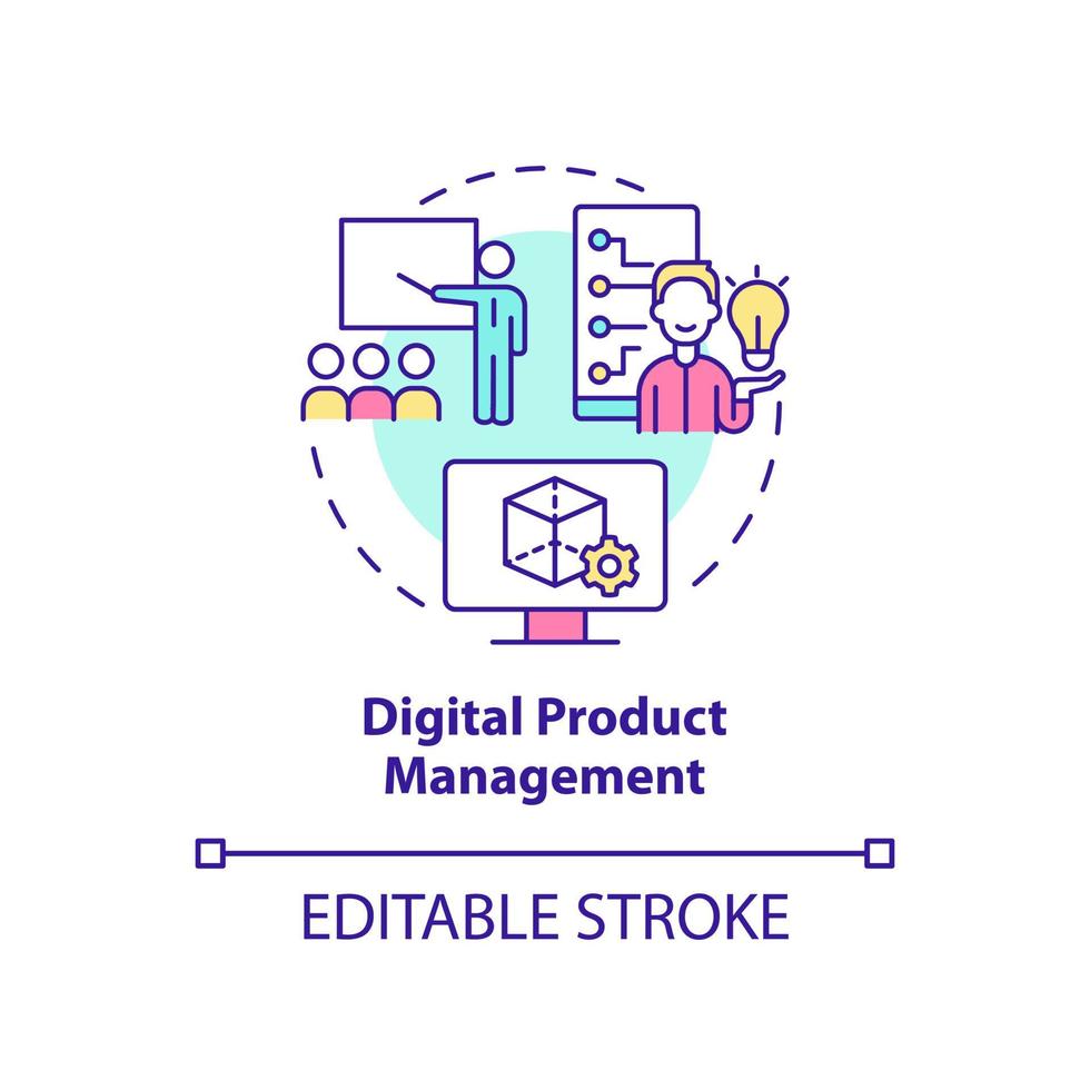 icône de concept de gestion de produit numérique. le contrôle du projet. illustration de fine ligne d'idée abstraite de compétences numériques avancées. dessin de contour isolé. trait modifiable. arial, myriade de polices pro-gras utilisées vecteur