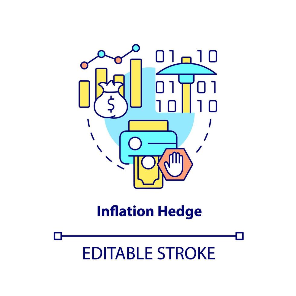 icône de concept de couverture d'inflation. illustration de ligne mince d'idée abstraite d'avantage concurrentiel de crypto-monnaie. réduire les risques. dessin de contour isolé. trait modifiable. arial, myriade de polices pro-gras utilisées vecteur