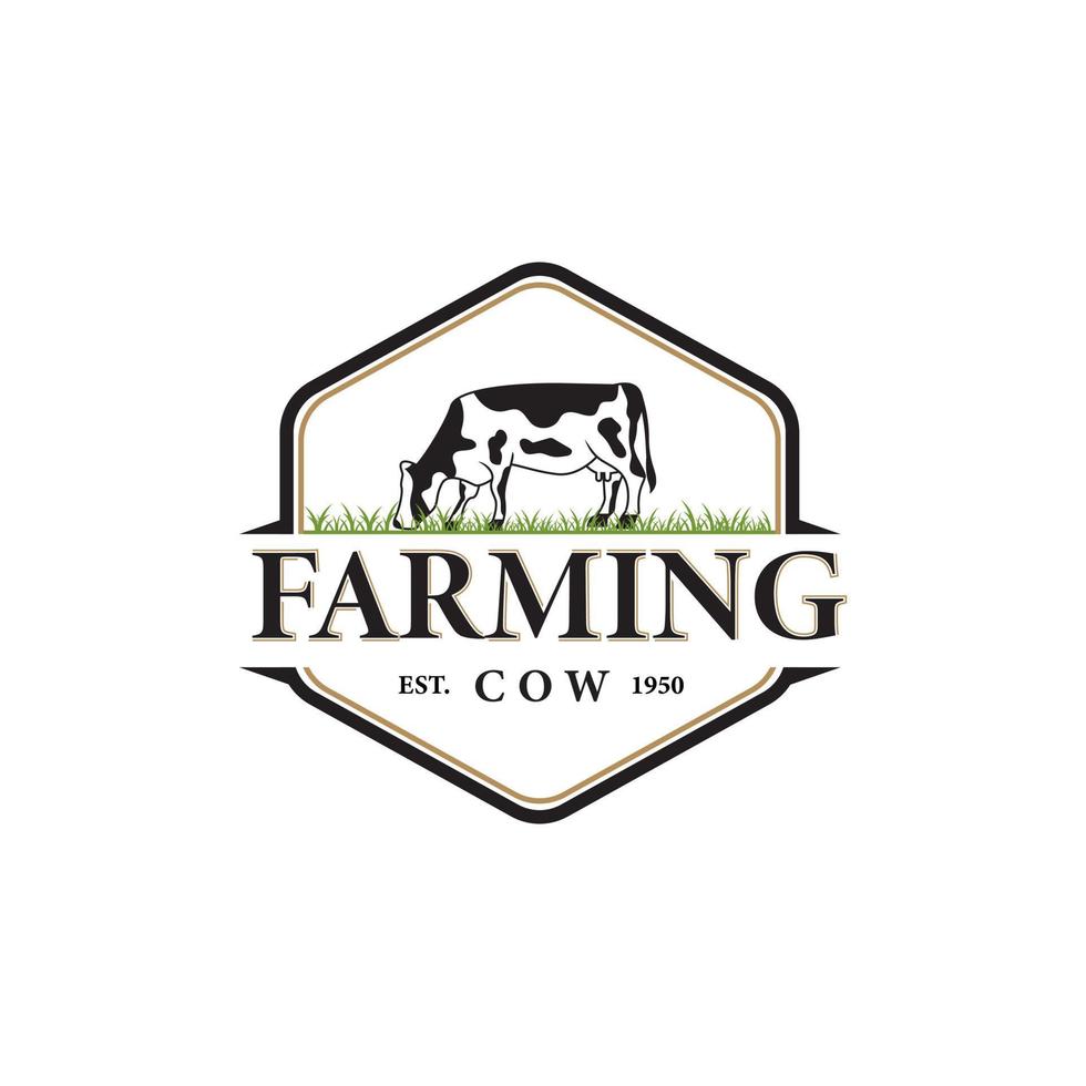 conception de logo hexagonal vintage de ferme familiale de vache, région de l'ouest vecteur