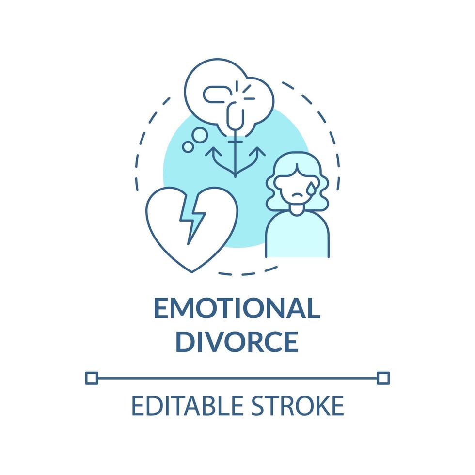icône de concept turquoise de divorce émotionnel. effondrement douloureux. illustration de la ligne mince de l'idée abstraite de séparation. dessin de contour isolé. trait modifiable. roboto-medium, une myriade de polices pro-gras utilisées vecteur