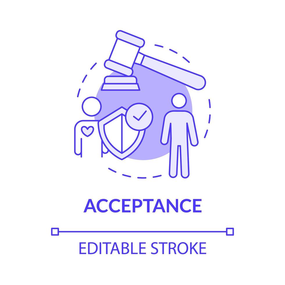 icône de concept violet d'acceptation. séparation des couples. illustration de la ligne mince de l'idée abstraite de l'étape finale du divorce. dessin de contour isolé. trait modifiable. roboto-medium, myriade de polices pro-gras utilisées vecteur