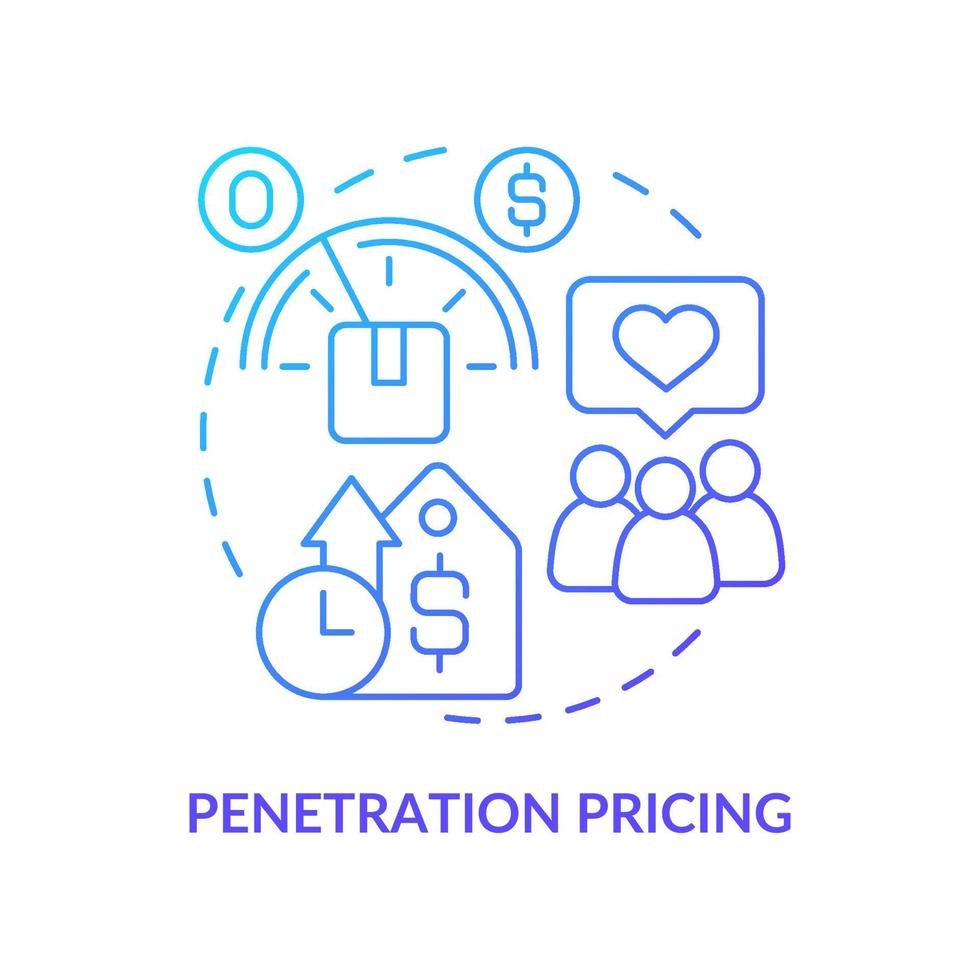 icône de concept de gradient bleu de prix de pénétration. offrant un prix réduit pour l'illustration de la ligne mince de l'idée abstraite du nouveau produit. dessin de contour isolé. roboto-medium, myriade de polices pro-gras utilisées vecteur