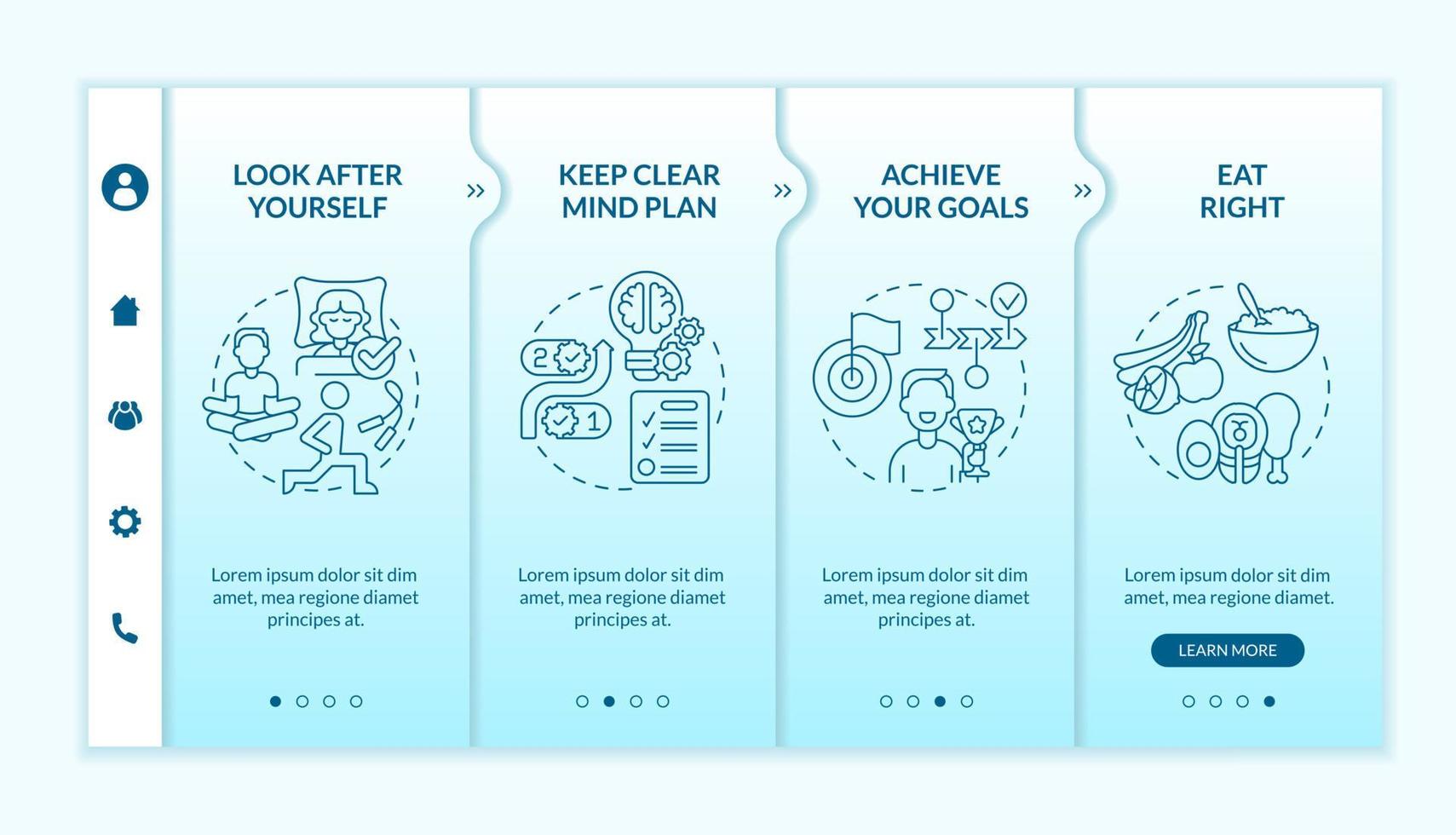conseils de vie bien équilibrés modèle d'intégration dégradé turquoise. style de soins personnels. site Web mobile réactif avec des icônes de concept linéaires. page Web pas à pas en 4 étapes. lato-gras, polices régulières utilisées vecteur