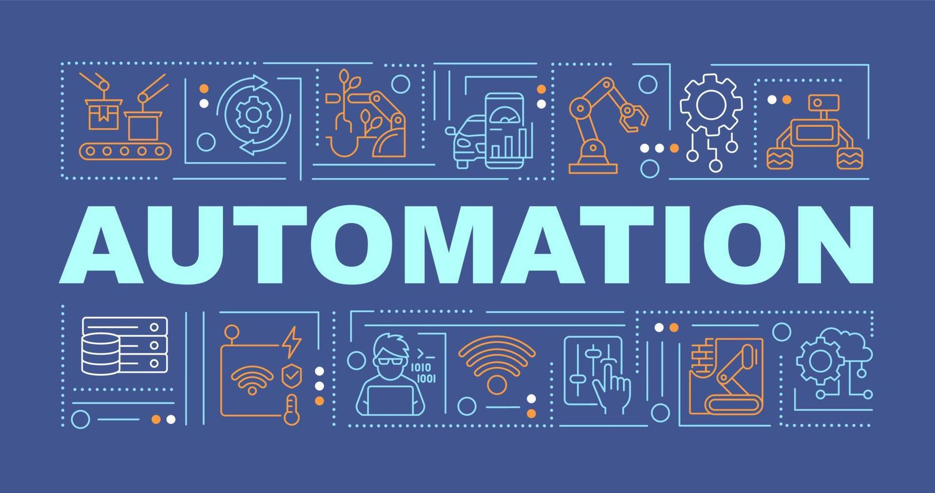 concepts de mots d'automatisation bannière bleu foncé. technologie innovante. infographie avec des icônes linéaires sur fond. typographie isolée. illustration de couleur de contour de vecteur avec texte. police arial-black utilisée