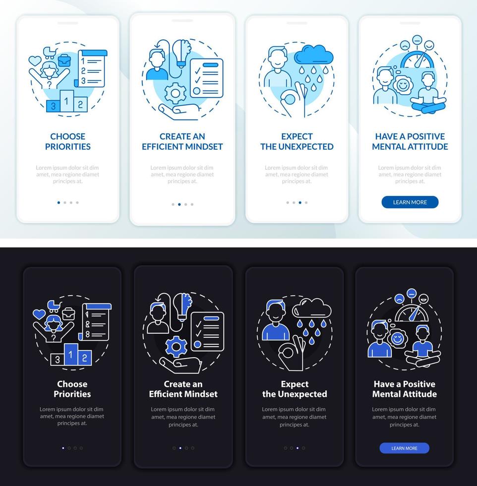 écran d'application mobile d'intégration en mode nuit et jour de la vie harmonique. pas à pas de santé 4 étapes pages d'instructions graphiques avec des concepts linéaires. ui, ux, modèle d'interface graphique. une myriade de polices pro-gras régulières utilisées vecteur